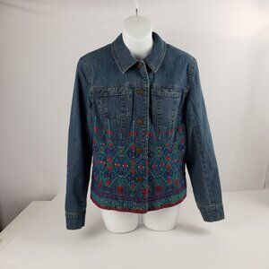 Coldwater Creek PXS Denim Lined Jean Jacket Womens Embroidery Distressed Coat
